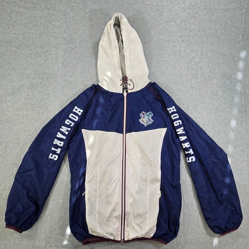 Harry Potter Hogwarts Windbreaker Jacket Navy White Full Zip Hooded Mens Small - Picture 1 of 8
